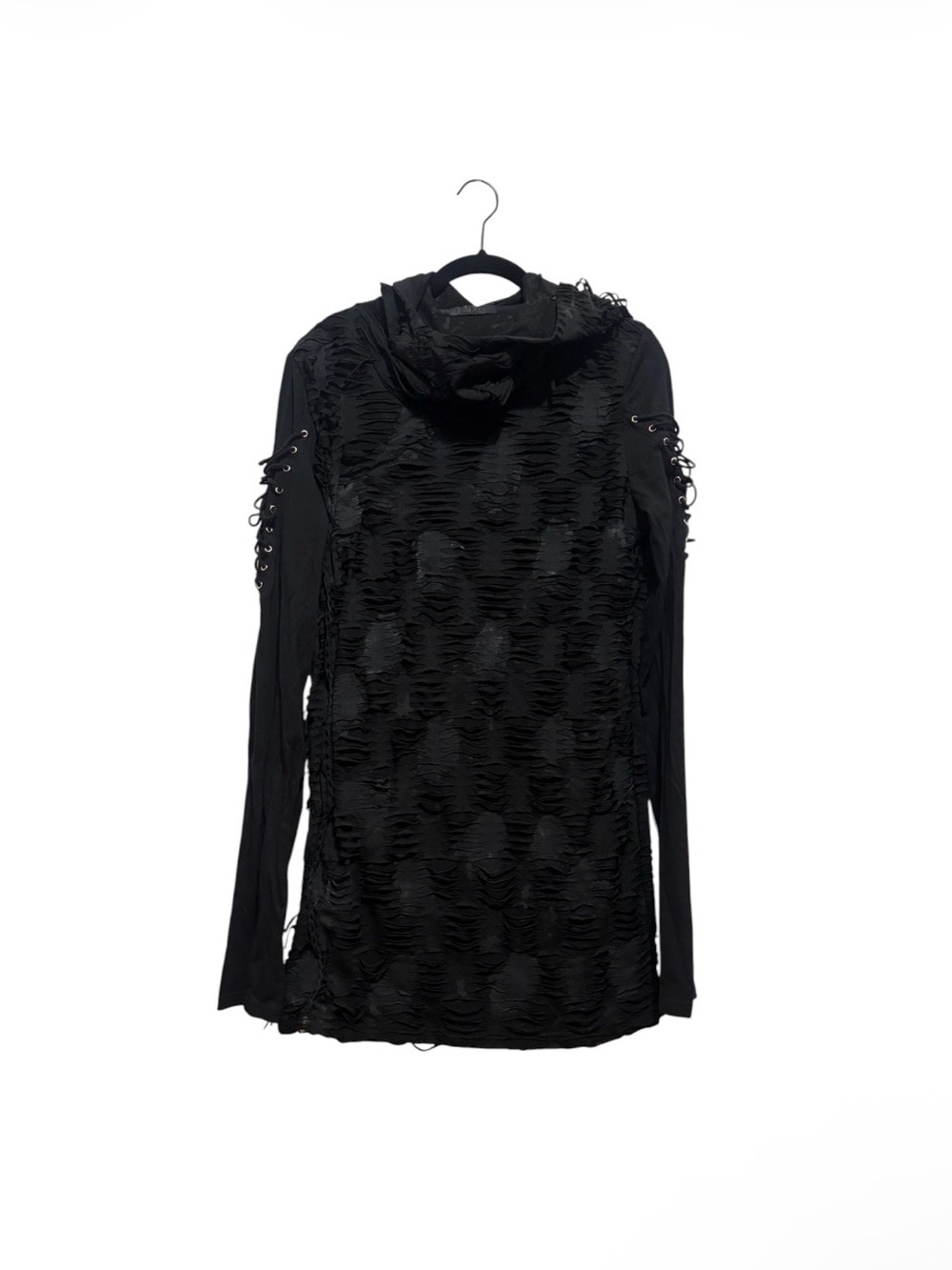 Black Distressed Hooded Long-Sleeve Dress